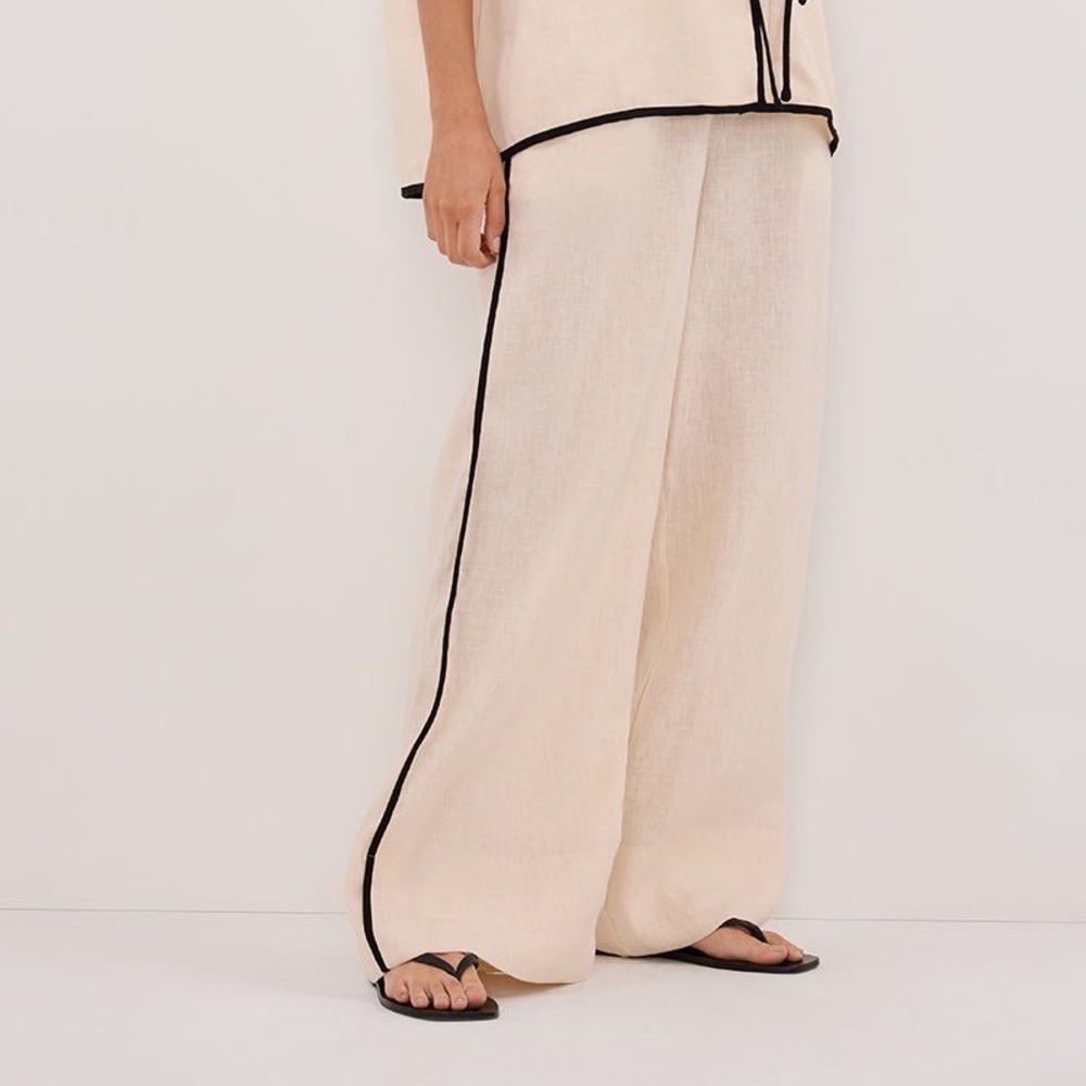 DISSH Von Cream Linen Wide Leg Pants Black Side Stripe US 2 DFS10291CRM